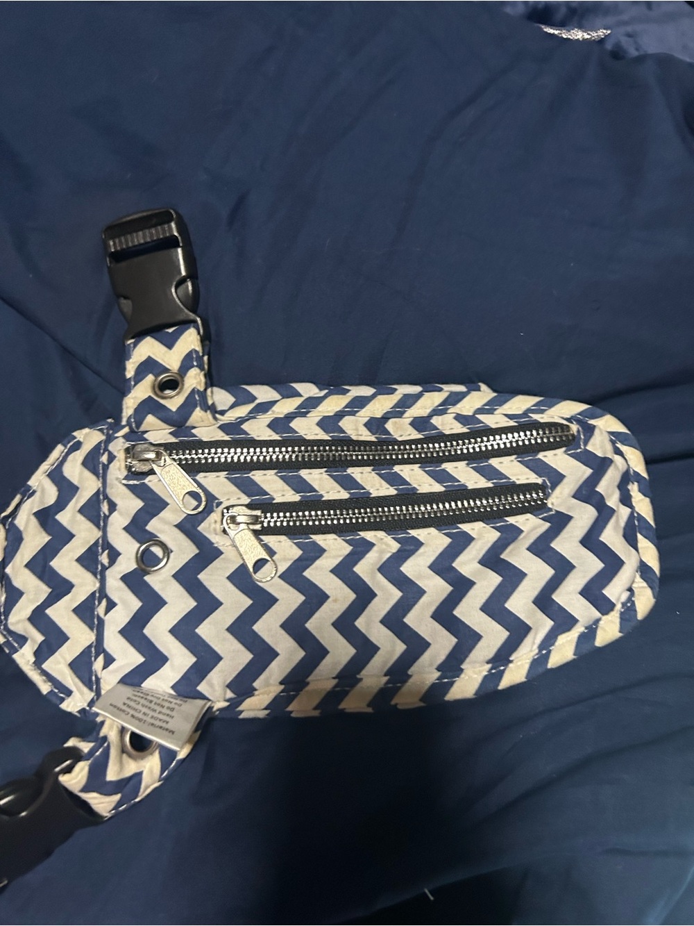 Chevron Pattern Navy Waist Bag with Dual Zip Pockets - Unbranded